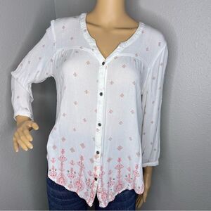 Mudd Long Sleeve Flowy White and Pink Button Down Collarless Blouse Large